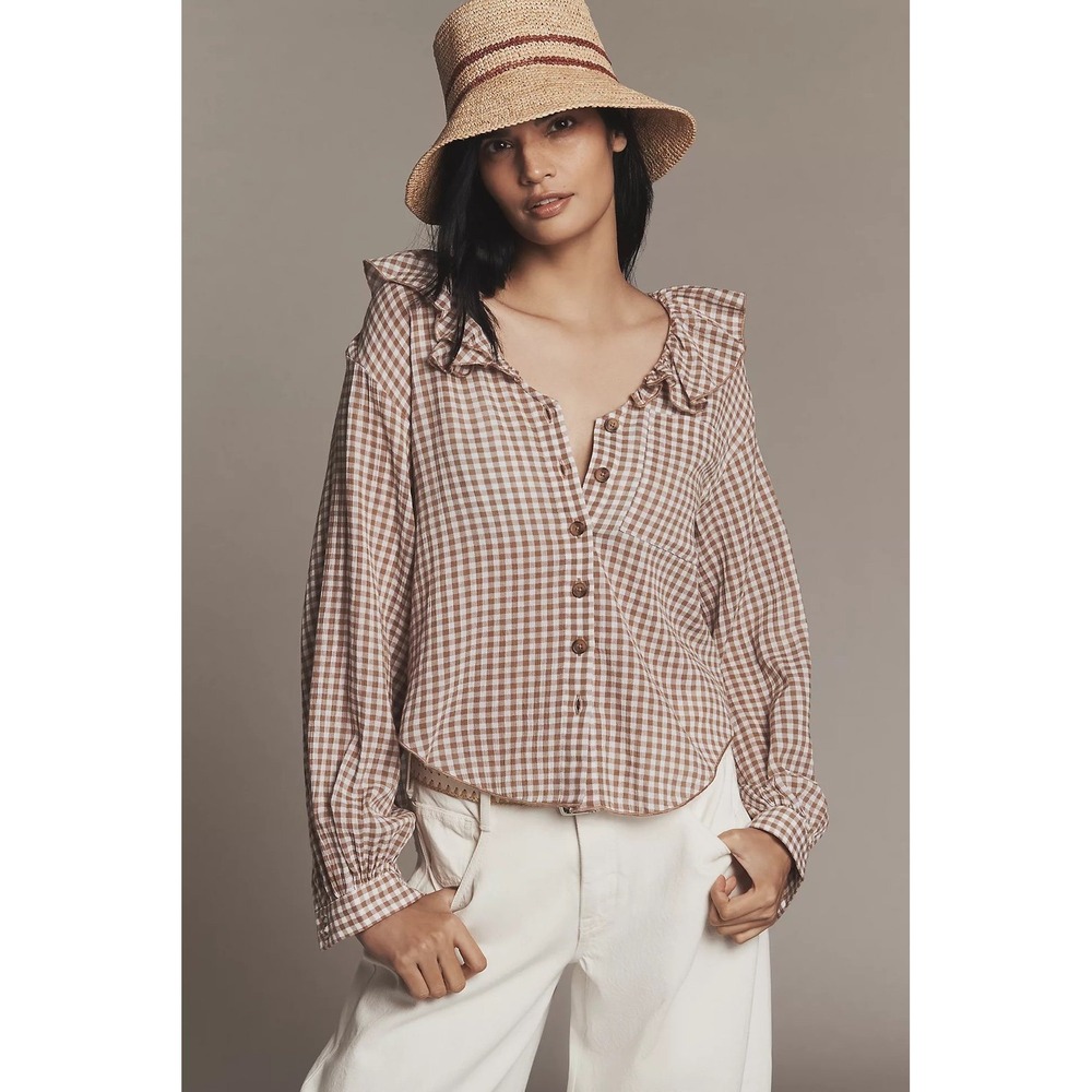 Pilcro Anthropologie Brown Gingham Ruffle Collar Buttondown Shirt L Cottagecore